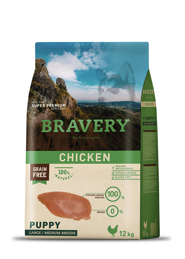 Bravery ברייברי - עוף ללא דגנים וגלוטן - היפואלרגני - לכלבים גורים מגזע בינוני וגדול